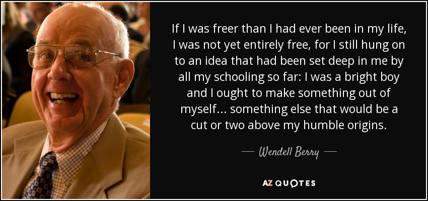 If I was freer than I had ever been in my life, I was not yet entirely free, for I still hung on to an idea that had been set deep in me by all my schooling so far: I was a bright boy and I ought to make something out of myself... something else that would be a cut or two above my humble origins. - Wendell Berry