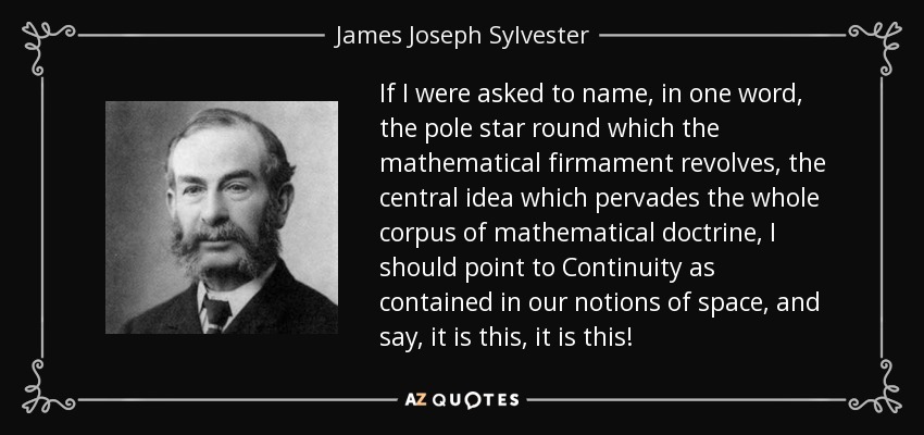 If I were asked to name, in one word, the pole star round which the mathematical firmament revolves, the central idea which pervades the whole corpus of mathematical doctrine, I should point to Continuity as contained in our notions of space, and say, it is this, it is this! - James Joseph Sylvester