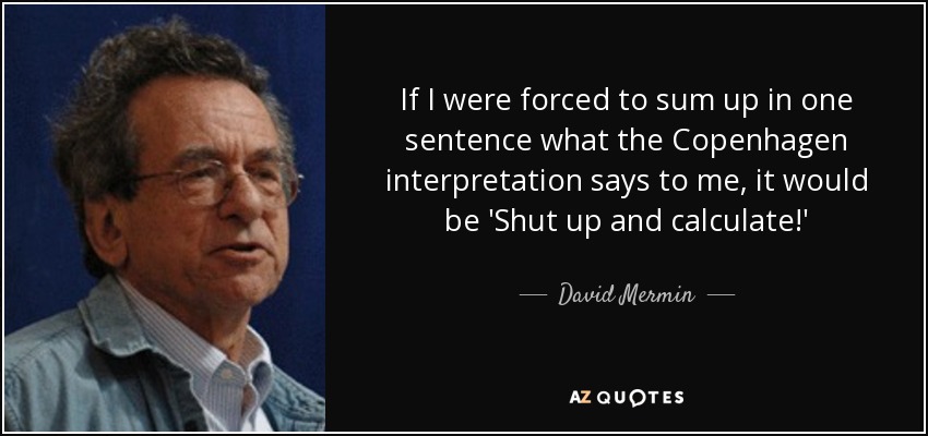 If I were forced to sum up in one sentence what the Copenhagen interpretation says to me, it would be 'Shut up and calculate!' - David Mermin