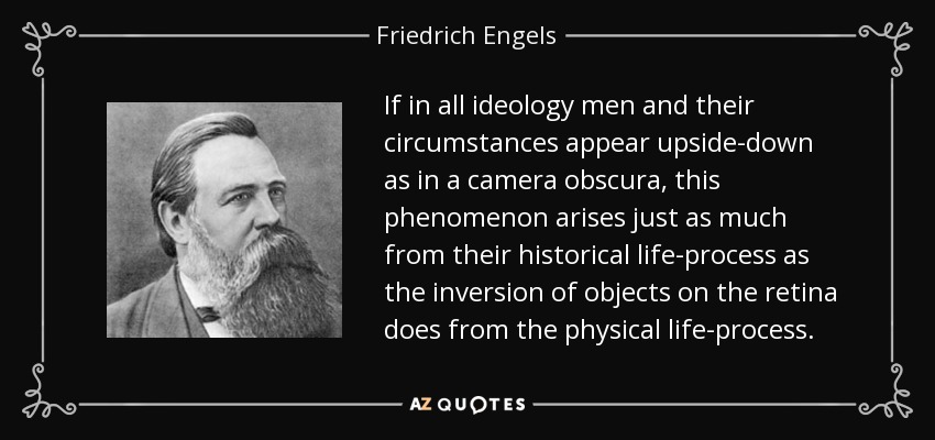 If in all ideology men and their circumstances appear upside-down as in a camera obscura, this phenomenon arises just as much from their historical life-process as the inversion of objects on the retina does from the physical life-process. - Friedrich Engels