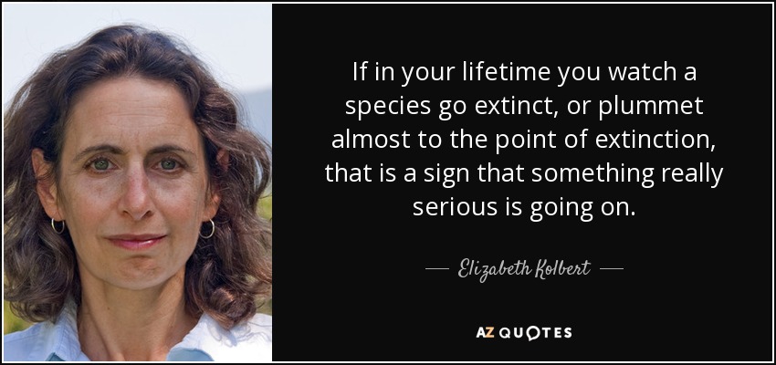 If in your lifetime you watch a species go extinct, or plummet almost to the point of extinction, that is a sign that something really serious is going on. - Elizabeth Kolbert