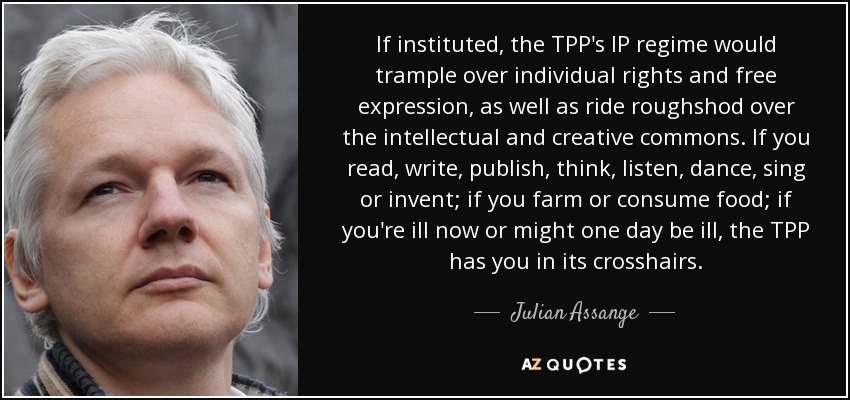 If instituted, the TPP's IP regime would trample over individual rights and free expression, as well as ride roughshod over the intellectual and creative commons. If you read, write, publish, think, listen, dance, sing or invent; if you farm or consume food; if you're ill now or might one day be ill, the TPP has you in its crosshairs. - Julian Assange