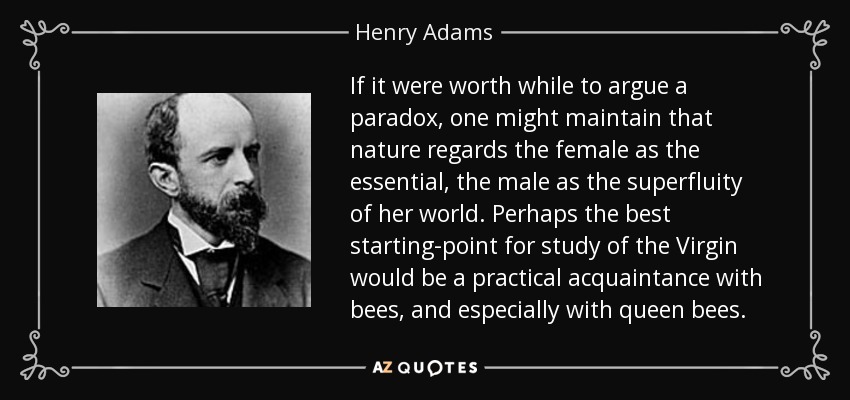 If it were worth while to argue a paradox, one might maintain that nature regards the female as the essential, the male as the superfluity of her world. Perhaps the best starting-point for study of the Virgin would be a practical acquaintance with bees, and especially with queen bees. - Henry Adams