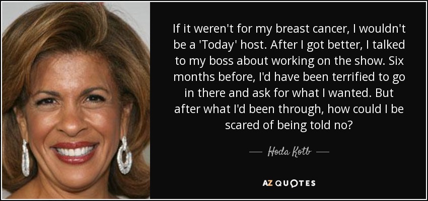 If it weren't for my breast cancer, I wouldn't be a 'Today' host. After I got better, I talked to my boss about working on the show. Six months before, I'd have been terrified to go in there and ask for what I wanted. But after what I'd been through, how could I be scared of being told no? - Hoda Kotb