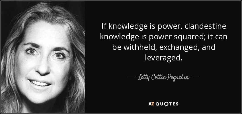 If knowledge is power, clandestine knowledge is power squared; it can be withheld, exchanged, and leveraged. - Letty Cottin Pogrebin