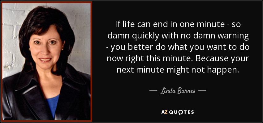 If life can end in one minute - so damn quickly with no damn warning - you better do what you want to do now right this minute. Because your next minute might not happen. - Linda Barnes