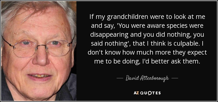 If my grandchildren were to look at me and say, 'You were aware species were disappearing and you did nothing, you said nothing', that I think is culpable. I don't know how much more they expect me to be doing, I'd better ask them. - David Attenborough
