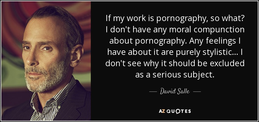 If my work is pornography, so what? I don't have any moral compunction about pornography. Any feelings I have about it are purely stylistic... I don't see why it should be excluded as a serious subject. - David Salle