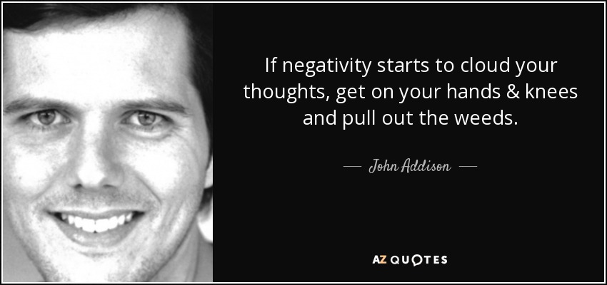 If negativity starts to cloud your thoughts, get on your hands & knees and pull out the weeds. - John Addison