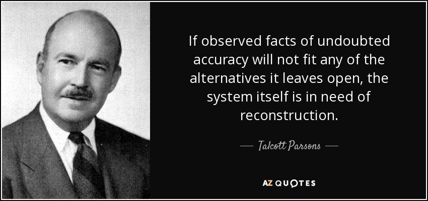 If observed facts of undoubted accuracy will not fit any of the alternatives it leaves open, the system itself is in need of reconstruction. - Talcott Parsons