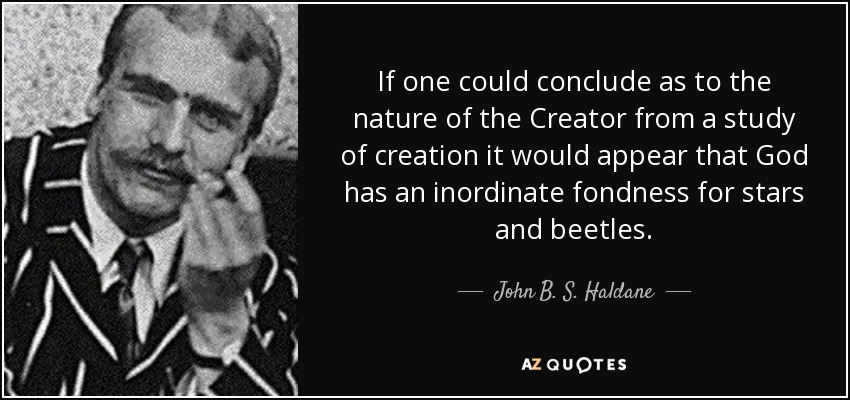 If one could conclude as to the nature of the Creator from a study of creation it would appear that God has an inordinate fondness for stars and beetles. - John B. S. Haldane