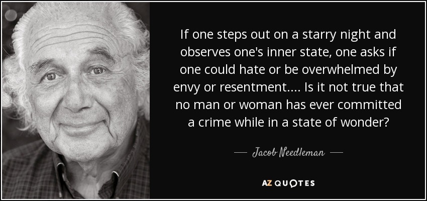 If one steps out on a starry night and observes one's inner state, one asks if one could hate or be overwhelmed by envy or resentment. ... Is it not true that no man or woman has ever committed a crime while in a state of wonder? - Jacob Needleman
