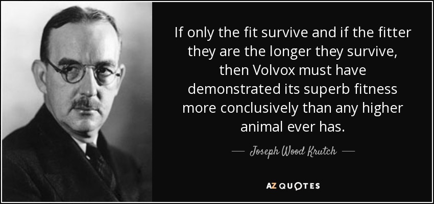 If only the fit survive and if the fitter they are the longer they survive, then Volvox must have demonstrated its superb fitness more conclusively than any higher animal ever has. - Joseph Wood Krutch
