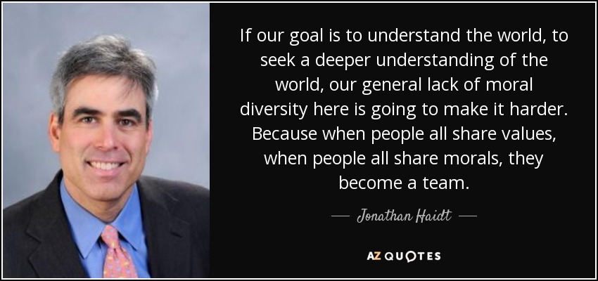 If our goal is to understand the world, to seek a deeper understanding of the world, our general lack of moral diversity here is going to make it harder. Because when people all share values, when people all share morals, they become a team. - Jonathan Haidt
