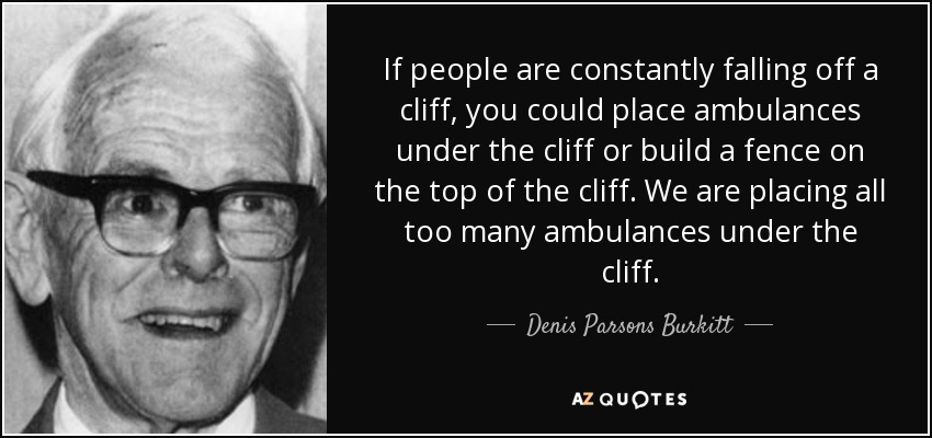 If people are constantly falling off a cliff, you could place ambulances under the cliff or build a fence on the top of the cliff. We are placing all too many ambulances under the cliff. - Denis Parsons Burkitt