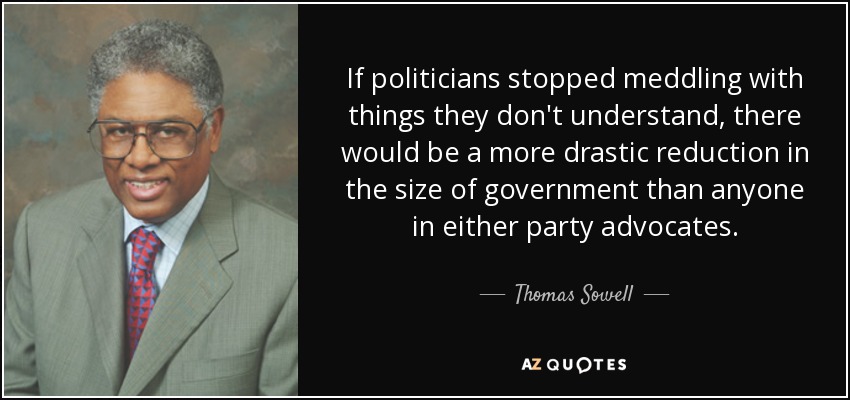 If politicians stopped meddling with things they don't understand, there would be a more drastic reduction in the size of government than anyone in either party advocates. - Thomas Sowell