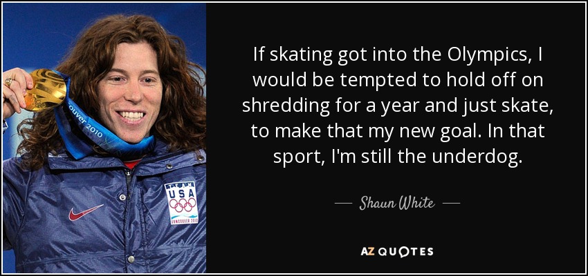 If skating got into the Olympics, I would be tempted to hold off on shredding for a year and just skate, to make that my new goal. In that sport, I'm still the underdog. - Shaun White