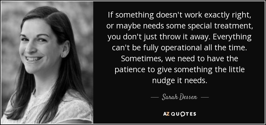 If something doesn't work exactly right, or maybe needs some special treatment, you don't just throw it away. Everything can't be fully operational all the time. Sometimes, we need to have the patience to give something the little nudge it needs. - Sarah Dessen