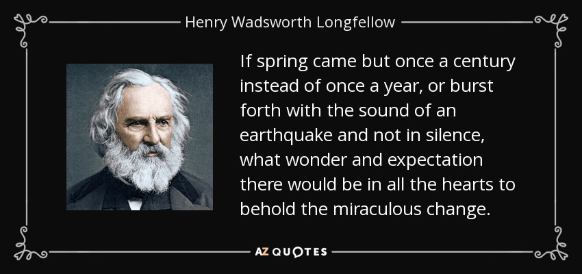 If spring came but once a century instead of once a year, or 	burst forth with the sound of an earthquake and not in 	silence, what wonder and expectation there would be 	in all the hearts to behold the miraculous change. - Henry Wadsworth Longfellow