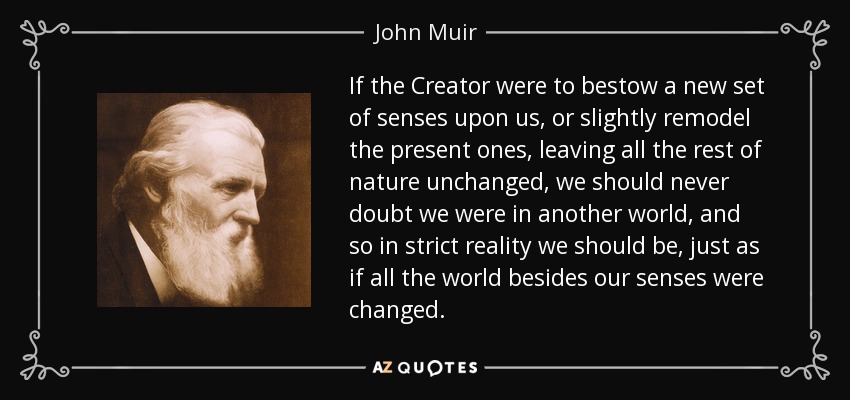 If the Creator were to bestow a new set of senses upon us, or slightly remodel the present ones, leaving all the rest of nature unchanged, we should never doubt we were in another world, and so in strict reality we should be, just as if all the world besides our senses were changed. - John Muir