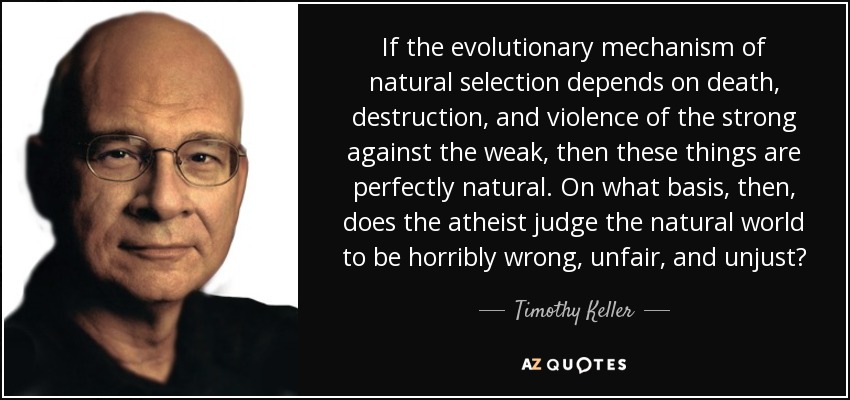 If the evolutionary mechanism of natural selection depends on death, destruction, and violence of the strong against the weak, then these things are perfectly natural. On what basis, then, does the atheist judge the natural world to be horribly wrong, unfair, and unjust? - Timothy Keller