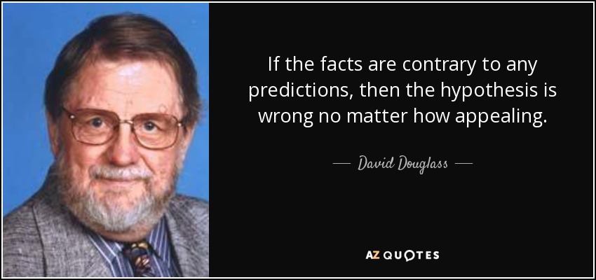 If the facts are contrary to any predictions, then the hypothesis is wrong no matter how appealing. - David Douglass