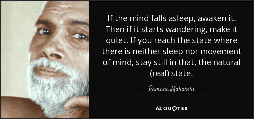 If the mind falls asleep, awaken it. Then if it starts wandering, make it quiet. If you reach the state where there is neither sleep nor movement of mind, stay still in that, the natural (real) state. - Ramana Maharshi