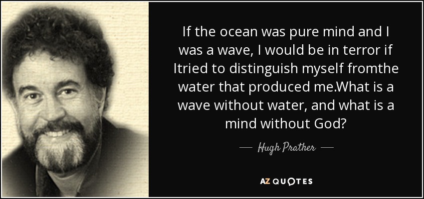If the ocean was pure mind and I was a wave, I would be in terror if Itried to distinguish myself fromthe water that produced me.What is a wave without water, and what is a mind without God? - Hugh Prather