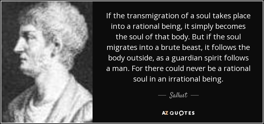 If the transmigration of a soul takes place into a rational being, it simply becomes the soul of that body. But if the soul migrates into a brute beast, it follows the body outside, as a guardian spirit follows a man. For there could never be a rational soul in an irrational being. - Sallust
