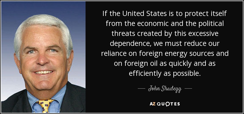 If the United States is to protect itself from the economic and the political threats created by this excessive dependence, we must reduce our reliance on foreign energy sources and on foreign oil as quickly and as efficiently as possible. - John Shadegg
