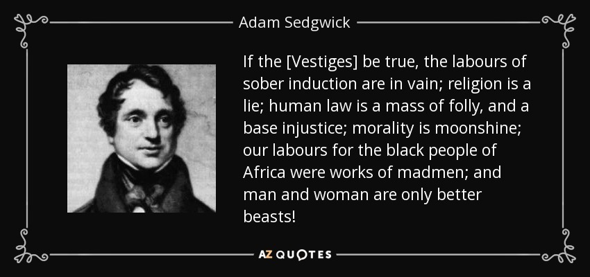 If the [Vestiges] be true, the labours of sober induction are in vain; religion is a lie; human law is a mass of folly, and a base injustice; morality is moonshine; our labours for the black people of Africa were works of madmen; and man and woman are only better beasts! - Adam Sedgwick