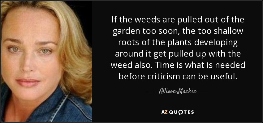 If the weeds are pulled out of the garden too soon, the too shallow roots of the plants developing around it get pulled up with the weed also. Time is what is needed before criticism can be useful. - Allison Mackie