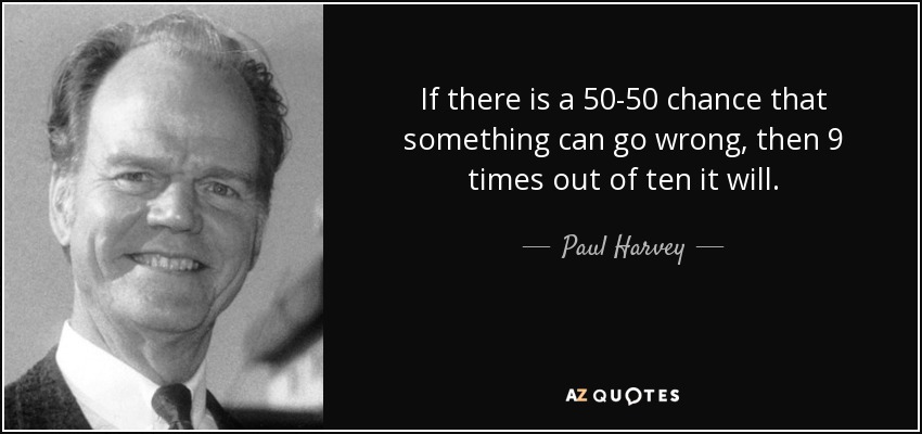 If there is a 50-50 chance that something can go wrong, then 9 times out of ten it will. - Paul Harvey