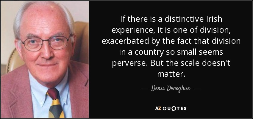 If there is a distinctive Irish experience, it is one of division, exacerbated by the fact that division in a country so small seems perverse. But the scale doesn't matter. - Denis Donoghue