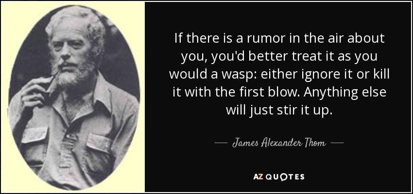 If there is a rumor in the air about you, you'd better treat it as you would a wasp: either ignore it or kill it with the first blow. Anything else will just stir it up. - James Alexander Thom