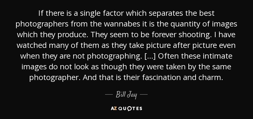 If there is a single factor which separates the best photographers from the wannabes it is the quantity of images which they produce. They seem to be forever shooting. I have watched many of them as they take picture after picture even when they are not photographing. [...] Often these intimate images do not look as though they were taken by the same photographer. And that is their fascination and charm. - Bill Jay