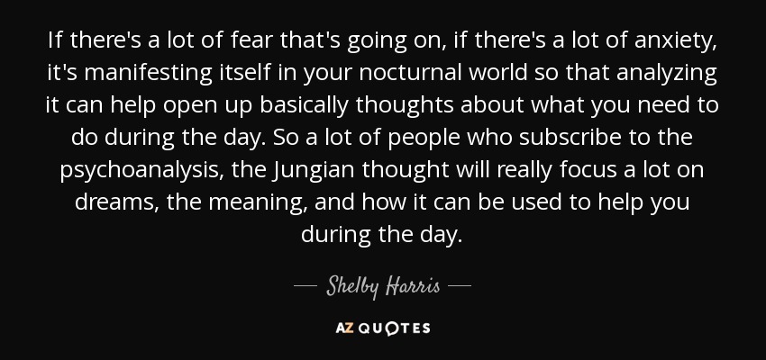 If there's a lot of fear that's going on, if there's a lot of anxiety, it's manifesting itself in your nocturnal world so that analyzing it can help open up basically thoughts about what you need to do during the day. So a lot of people who subscribe to the psychoanalysis, the Jungian thought will really focus a lot on dreams, the meaning, and how it can be used to help you during the day. - Shelby Harris