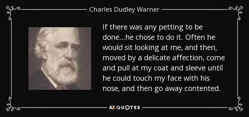 If there was any petting to be done...he chose to do it. Often he would sit looking at me, and then, moved by a delicate affection, come and pull at my coat and sleeve until he could touch my face with his nose, and then go away contented. - Charles Dudley Warner