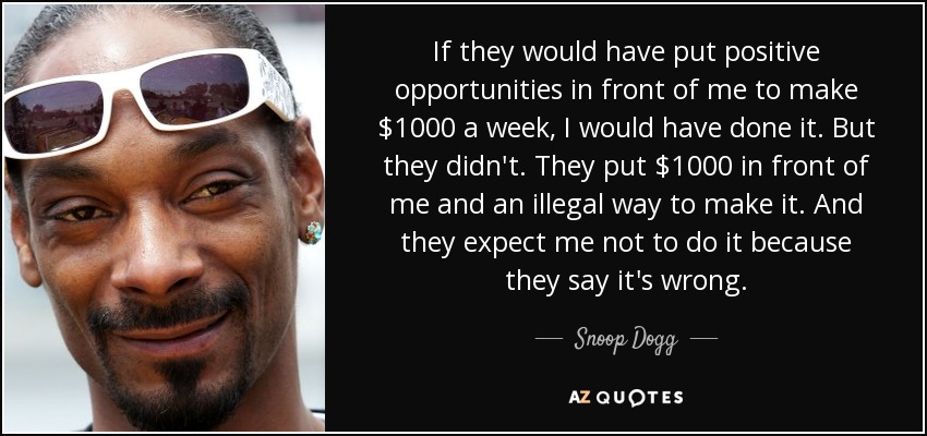 If they would have put positive opportunities in front of me to make $1000 a week, I would have done it. But they didn't. They put $1000 in front of me and an illegal way to make it. And they expect me not to do it because they say it's wrong. - Snoop Dogg
