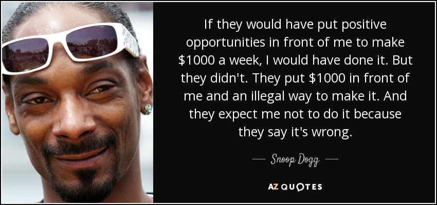 If they would have put positive opportunities in front of me to make $1000 a week, I would have done it. But they didn't. They put $1000 in front of me and an illegal way to make it. And they expect me not to do it because they say it's wrong. - Snoop Dogg