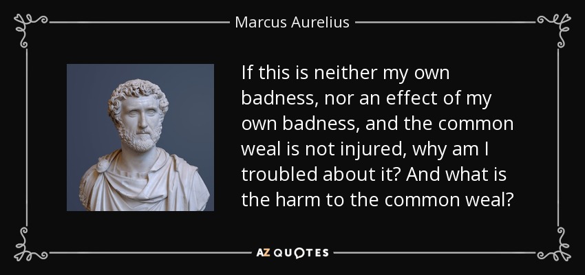 If this is neither my own badness, nor an effect of my own badness, and the common weal is not injured, why am I troubled about it? And what is the harm to the common weal? - Marcus Aurelius