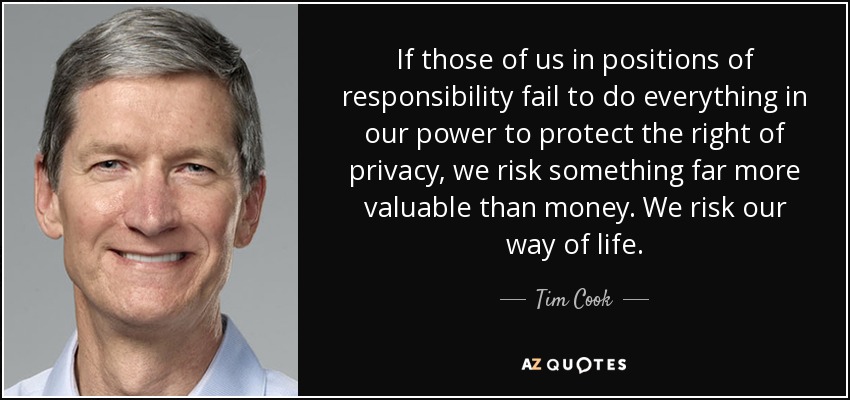 If those of us in positions of responsibility fail to do everything in our power to protect the right of privacy, we risk something far more valuable than money. We risk our way of life. - Tim Cook