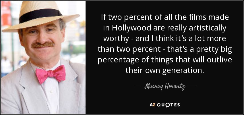 If two percent of all the films made in Hollywood are really artistically worthy - and I think it's a lot more than two percent - that's a pretty big percentage of things that will outlive their own generation. - Murray Horwitz