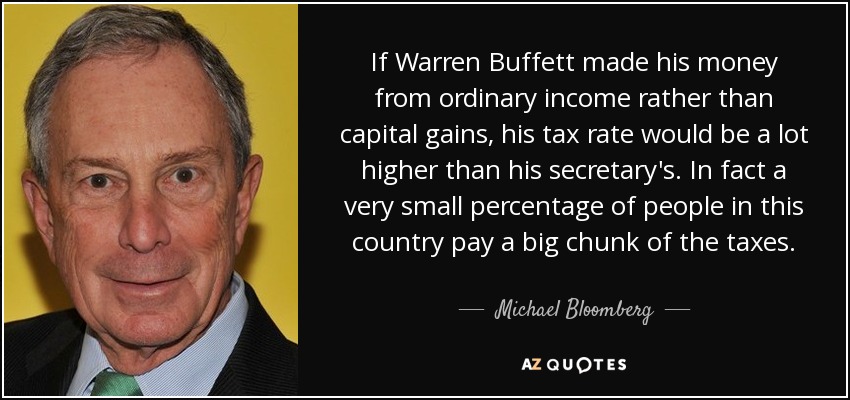 If Warren Buffett made his money from ordinary income rather than capital gains, his tax rate would be a lot higher than his secretary's. In fact a very small percentage of people in this country pay a big chunk of the taxes. - Michael Bloomberg