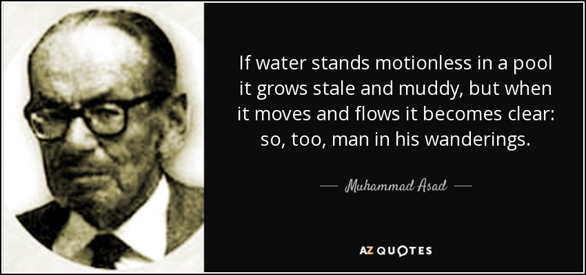 If water stands motionless in a pool it grows stale and muddy, but when it moves and flows it becomes clear: so, too, man in his wanderings. - Muhammad Asad