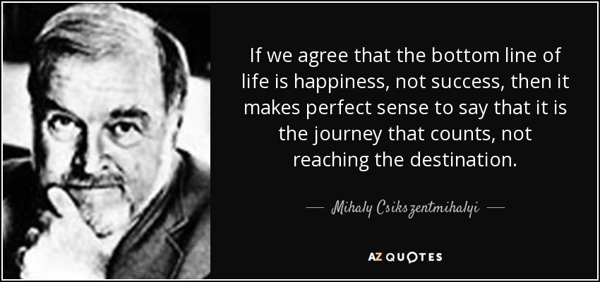 If we agree that the bottom line of life is happiness, not success, then it makes perfect sense to say that it is the journey that counts, not reaching the destination. - Mihaly Csikszentmihalyi