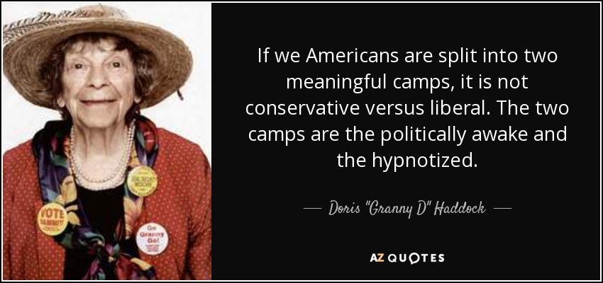 If we Americans are split into two meaningful camps, it is not conservative versus liberal. The two camps are the politically awake and the hypnotized. - Doris 