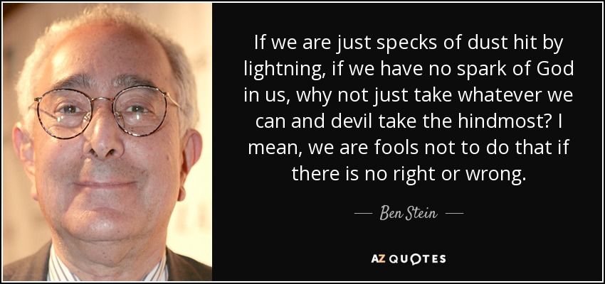 If we are just specks of dust hit by lightning, if we have no spark of God in us, why not just take whatever we can and devil take the hindmost? I mean, we are fools not to do that if there is no right or wrong. - Ben Stein