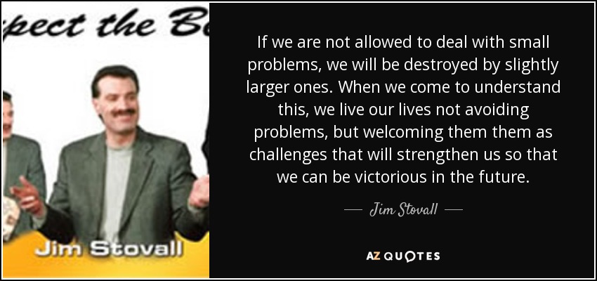 If we are not allowed to deal with small problems, we will be destroyed by slightly larger ones. When we come to understand this, we live our lives not avoiding problems, but welcoming them them as challenges that will strengthen us so that we can be victorious in the future. - Jim Stovall