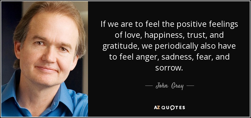 If we are to feel the positive feelings of love, happiness, trust, and gratitude, we periodically also have to feel anger, sadness, fear, and sorrow. - John  Gray